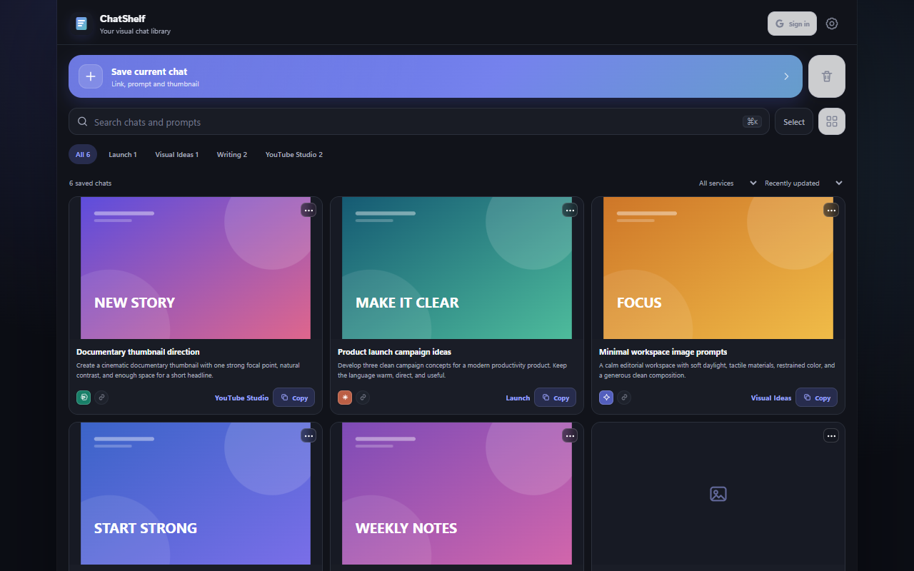 ChatShelf library displaying saved AI conversations as visual cards